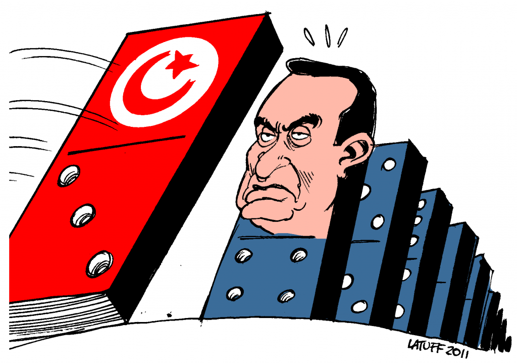  political cartoon by Carlos Latuff depicting President of Egypt Hosni Mubarak facing the Tunisian knock-on domino effect
