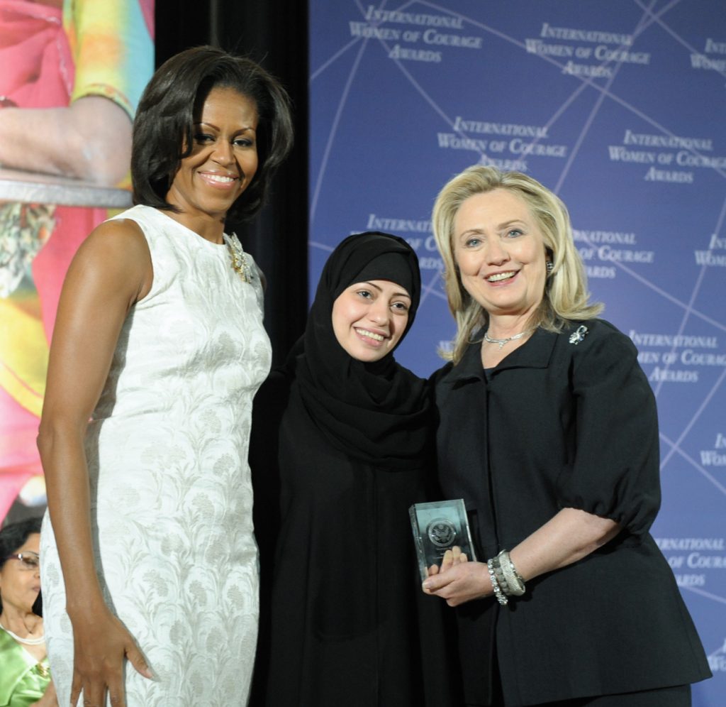 Samar Badawi with Hillary Rodham Clinton and Michelle Obama at 2012 IWOC Award 