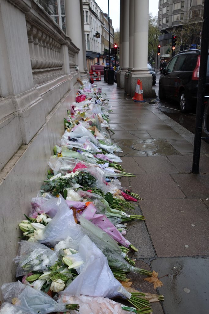 Flowers outside the French Embassy in London. >Christopher Jackson