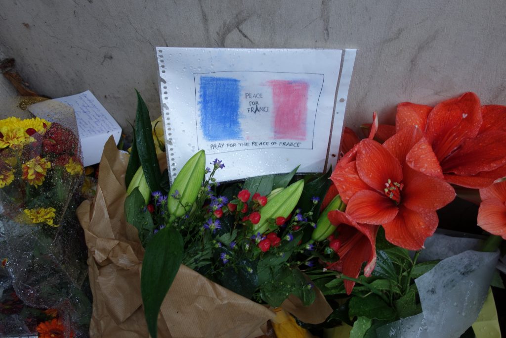 Flowers outside the French Embassy in London. >Chris Jackson