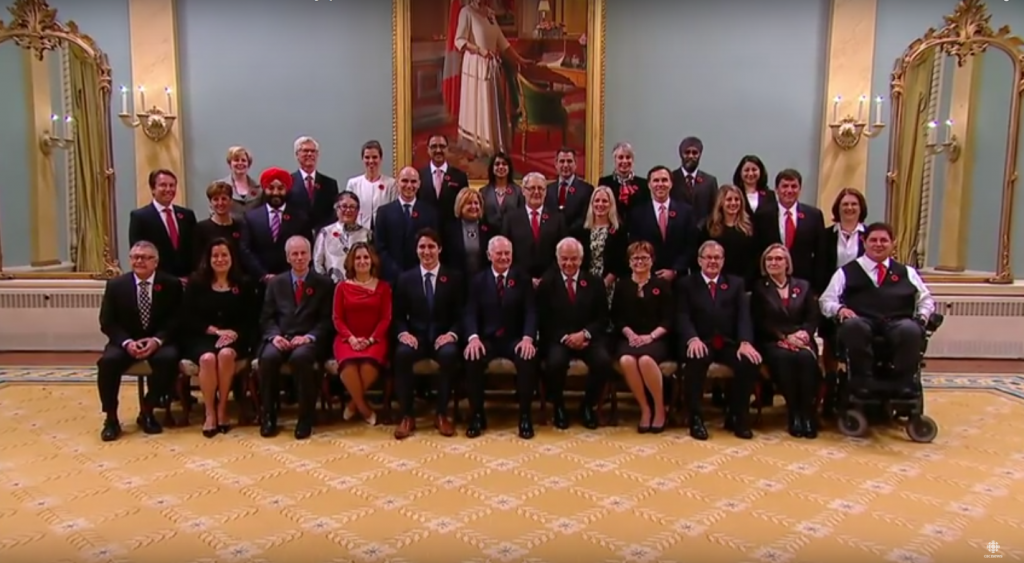 Canadian Prime Minister Justin Trudeau and his new Cabinet, which has equal representation of women and men, and is inclusive of individuals of different abilities, religions and ethnicities. >YouTube/CBC News