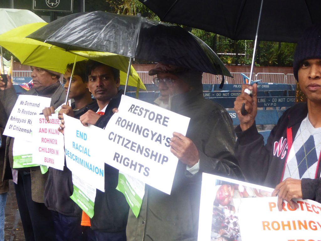 Recently arrived Rohingya refugees protest in front of the United Nations in 2015 calling for justice for their people.
